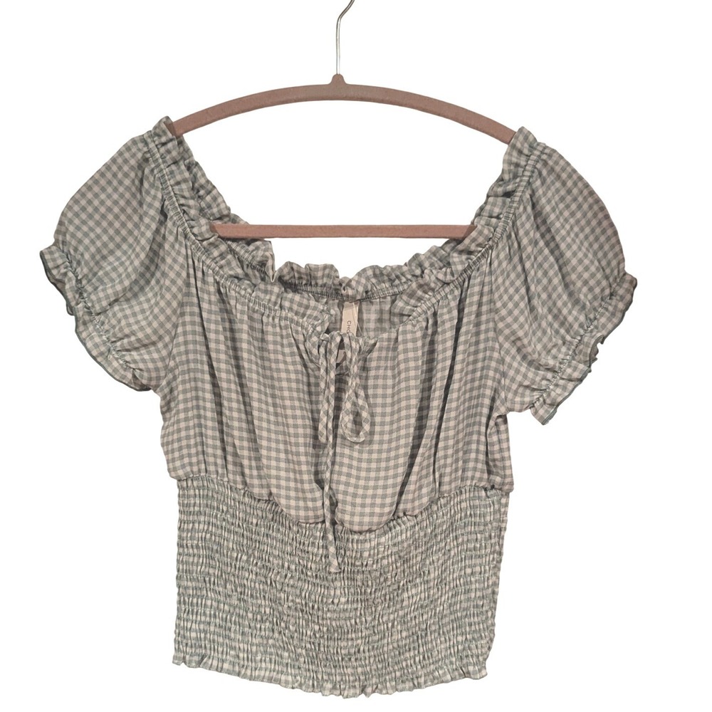 Chocolate Sage Green Gingham Smocked Peplum Crop Top Short Sleeve Size M